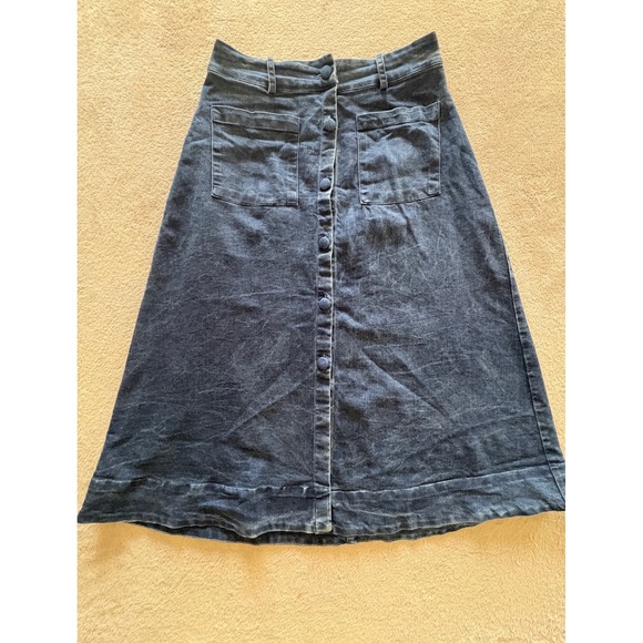 Free People Dresses & Skirts - Free People Dark Wash Denim Button Front Midi Skirt A-Line Patch Pockets Size 8